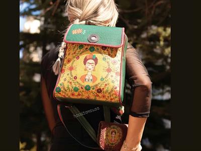 Klasik Frida Figürlü Kapaklı Sırt Çantası Yesil Büyük Cüzdan Bordo Etnik Bohem Style Cüzdan Kombin