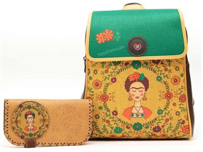 Klasik Frida Figürlü Kapaklı Sırt Çantası Kahverengi, Büyük Cüzdan Hardal Etnik Bohem Style Cüzdan Kombin