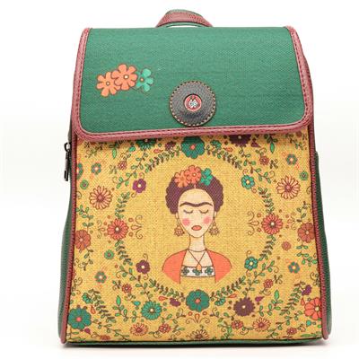 Klasik Frida Figürlü Kapaklı Sırt Çantası Etnik Bohem Style - YESİL