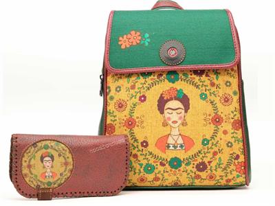 Klasik Frida Figürlü Kapaklı Sırt Çantası Yesil Büyük Cüzdan Bordo Etnik Bohem Style Cüzdan Kombin
