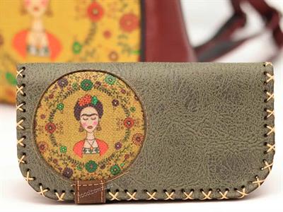 Klasik Frida Figürlü Kapaklı Sırt Çantası Bordo, Büyük Cüzdan Yesil Etnik Bohem Style Cüzdan Kombin