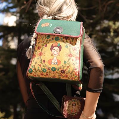 Klasik Frida Figürlü Kapaklı Sırt Çantası Etnik Bohem Style - YESİL