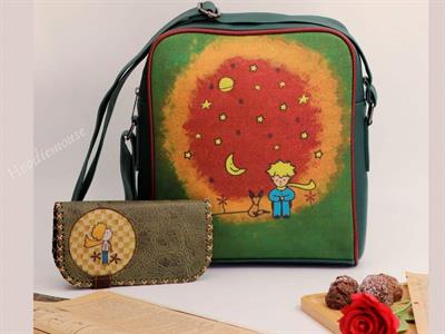Küçük Prens Figürlü Büyük Postacı Kol Çantası Etnik Bohem Style Çanta Siyah, Cüzdan Yesil KOMBİN