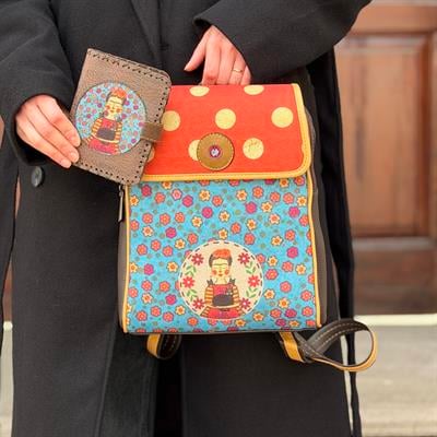 Mavi Frida Figürlü Kapaklı Sırt Çantası Kahve, Cüzdan Kahve Etnik Bohem Style Kombin 