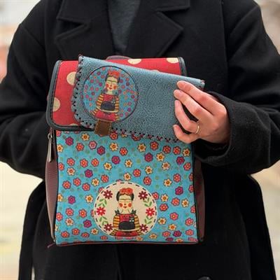 Mavi Frida Figürlü Kapaklı Sırt Çantası Bordo, Cüzdan Petrol Etnik Bohem Style Kombin 