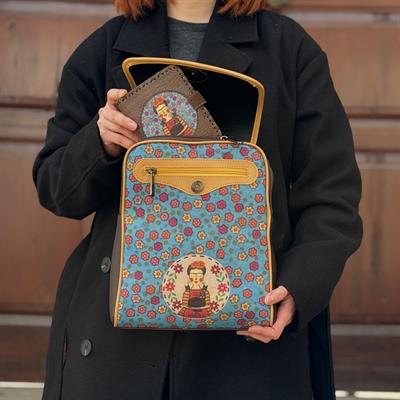 Mavi Frida Figürlü Kapaklı Sırt Çantası Kahve, Cüzdan Kahve Etnik Bohem Style Kombin 