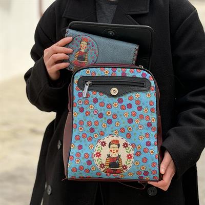 Mavi Frida Figürlü Kapaklı Sırt Çantası Bordo, Cüzdan Petrol Etnik Bohem Style Kombin 
