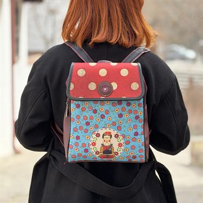 Mavi Frida Figürlü Kapaklı Sırt Çantası Bordo, Cüzdan Petrol Etnik Bohem Style Kombin 