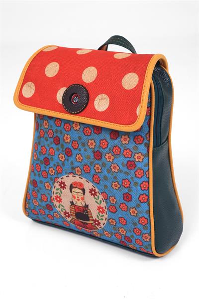 Mavi Frida Figürlü Kapaklı Sırt Çantası Etnik Bohem Style - YESİL