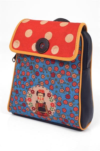 Mavi Frida Figürlü Kapaklı Sırt Çantası Etnik Bohem Style - KAHVE