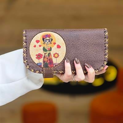 Mexsican Frida Figürlü Büyük Cüzdan Etnik Bohem Retro Vintage Style - KAHVE