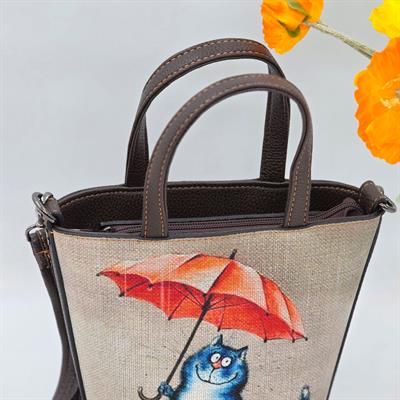 Şemsiye Tutan Kedi Tasarımlı Kova Çanta Etnik Bohem Style - KAHVERENGİ
