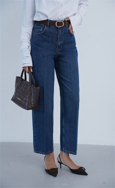 LACARINOYüksek Bel Kemer Detaylı Balon Kalıp Dark Blue Jean Pantolon