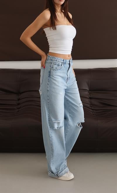 LACARINONormal Bel Baggy Foldup Kalıp Paça Katlama Detaylı Light Blue Lazerli Jean Pantolon