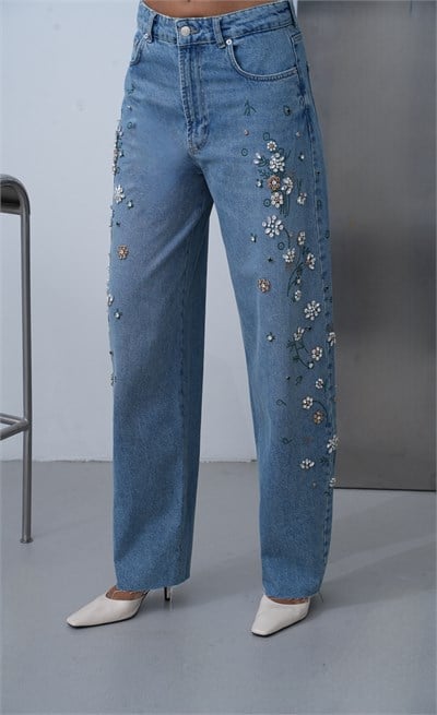 LACARINOYüksek Bel Baggy Kalıp Taşları Çakım Detaylı Bej Tint Jean Pantolon