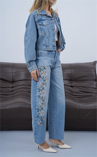 LACARINOYüksek Bel Baggy Kalıp Nakış İşleme Detaylı Bej Tint Jean Pantolon