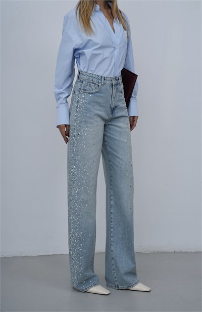 LACARINOYüksek Bel Baggy Kalıp Yandan Taş Detaylı Light Blue Tint Jean Pantolon