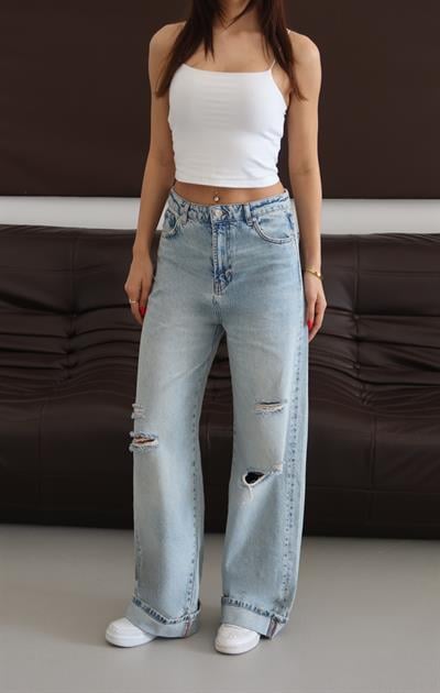 LACARINONormal Bel Baggy Foldup Kalıp Paça Katlama Detaylı Yeşil Tint Lazerli Jean Pantolon