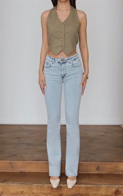 LACARINOYüksek Bel Yarım İspanyol Paça Light Blue Jean Pantolon
