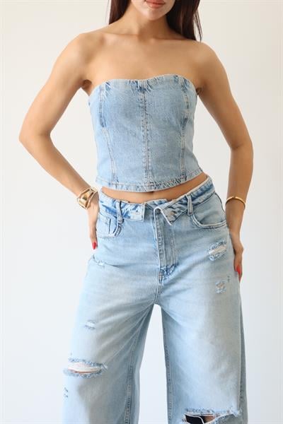 LACARINOArka Fermuarlı Akordiyon Detaylı Ice Blue Bustiyer