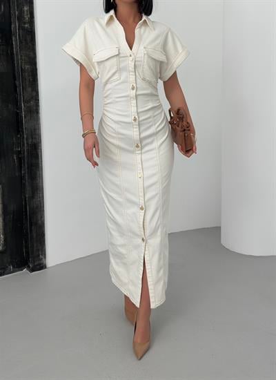 LACARINOKadın Komple Düğme Detaylı Bel Detaylı Naturel Denim Elbise