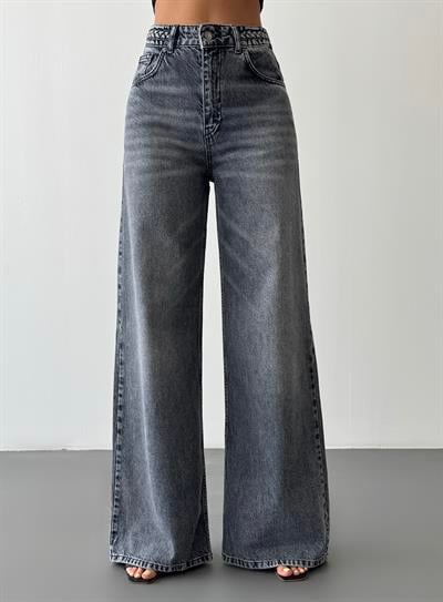 LACARINOYüksek Bel Bol Paça Kemer Örgü Detaylı Antrasit Jean Pantolon