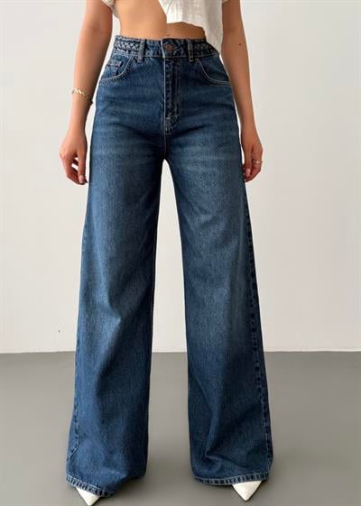 LACARINOYüksek Bel Bol Paça Elephant Leg Kalıp Kemer Örgü Detaylı Dark Blue Jean Pantolon