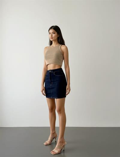 LACARINOCep Detaylı Diz Üstü Navy Blue Denim Etek