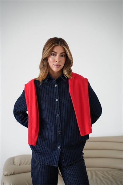 LACARINOSim Detaylı Çizgi Floklu 5 Düğmeli Navy BLue Jean Gömlek