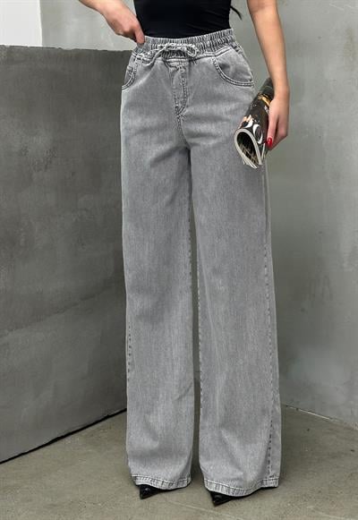 LACARINOBel Lastikli İp Bağlama Detaylı Açık Gri Palazzo Pantolon