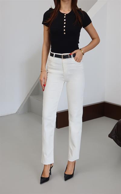 LACARINOYüksek Bel Paça Kesik Detaylı Ekru Kemerli Jean Pantolon