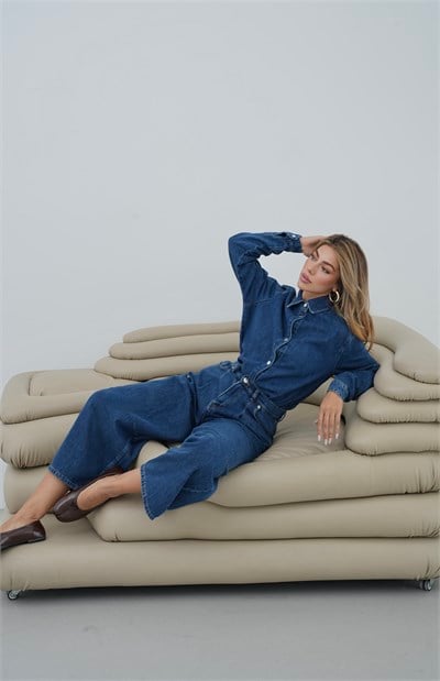LACARINOBalon Kalıp Pantolon 5 Düğmeli Gömlek Dark Blue Jean Takım 
