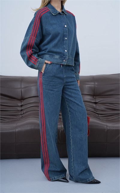 LACARINOYanlar Kırmızı Şerit Detaylı Wide Leg Kalıp Bel Lastikli Pantolon Gömlek Görünüm Ceket Dark Blue Tint Jean Takım