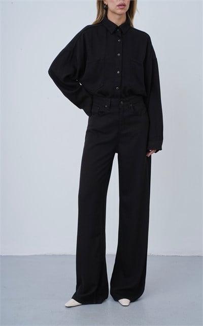 LACARINOÇift Cepli Denim Gömlek ve Geniş Paça Pantolon  Kadın Tencel Siyah Takım