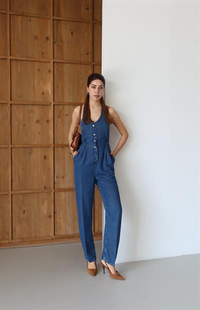 LACARINOÖn Düğmeli Boyun Kısmı Düğme Detaylı Belde Ayar Kemer Detayı Blue Tencel Tulum 