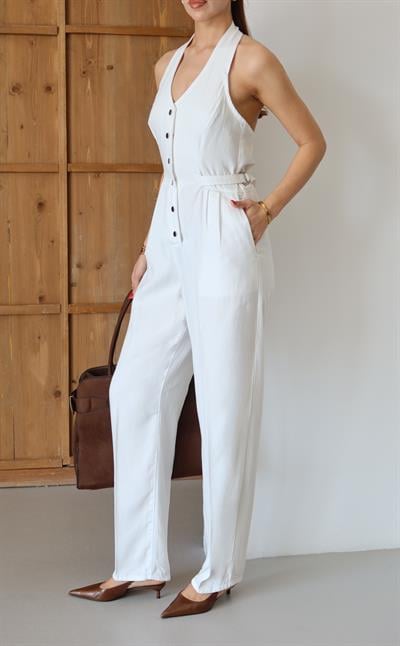 LACARINOÖn Düğmeli Boyun Kısmı Düğme Detaylı Belde Ayar Kemer Detayı Ekru Tencel Tulum 