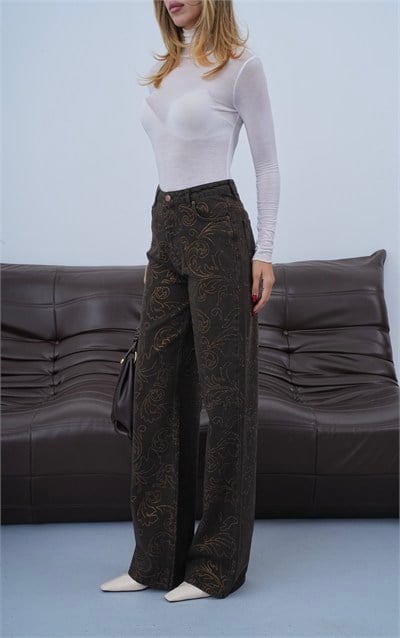 LACARINOYüksel Bel Wide Leg Kalıp Şal Desen Taşlı Dark Kahve Jean Pantolon