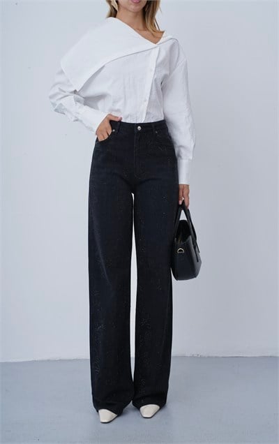 LACARINOYüksek Bel Wide Leg Kalıp Şal Desen Detaylı Taş İşleme Black Black Jean Pantolon