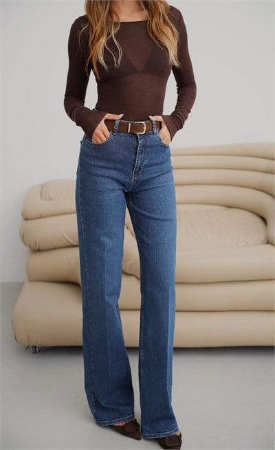 LACARINOYüksek Bel Wıde Leg Kalıp Kemer Detaylı Dark Blue Jean Pantolon