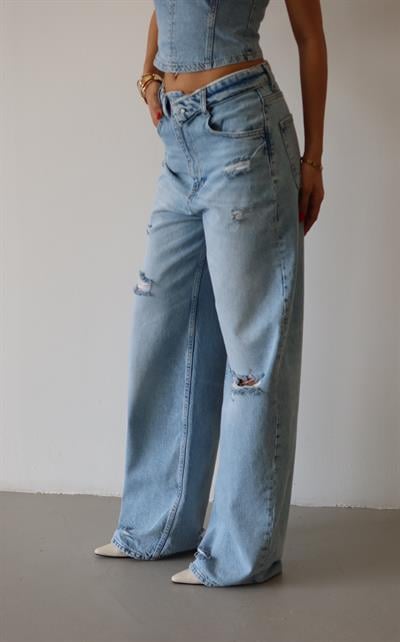 LACARINOYüksek Bel Lazer Detaylı Wide Leg Kalıp Ice Blue Lazerli Jean Pantolon