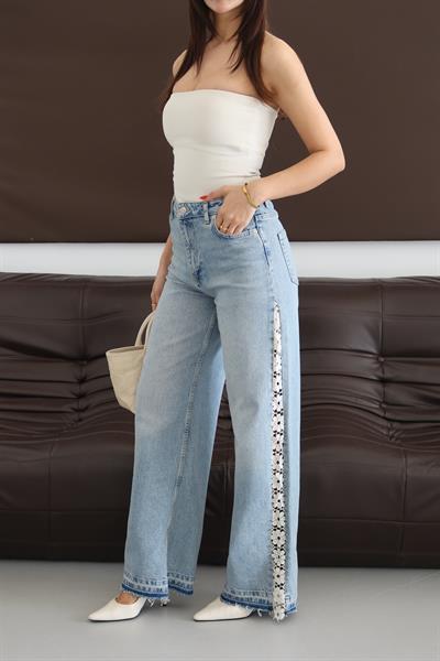 LACARINOYüksek Bel Wide leg Kalıp Yan Taraf Dantel Detaylı Bej Tint Jean Pantolon