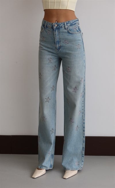 LACARINOYüksek Bel Ön Arka Yıldız Taş Detaylı Wideleg Kalıp Jean Pantolon