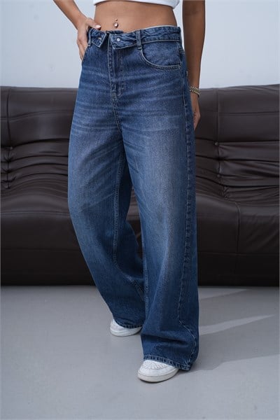 LACARINOYüksek Bel Ters  Kemer Bel İp Detaylı Dark Blue Jean Pantolon