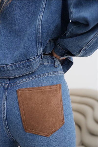 LACARINOYüksek Bel Arka Cep Süet Detaylı Wide Leg Kalıp Dark Blue Jean Pantolon