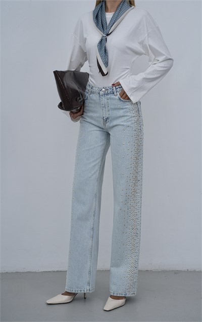LACARINOYüksek Bel Wide Leg Kalıp Yandan Metal Taş Detaylı Light Blue Jean Pantolon
