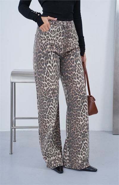 LACARINOYüksek Bel Wide Leg Kalıp Leopar Kaplama Kumaş Kadın Leopar Jean Pantolon