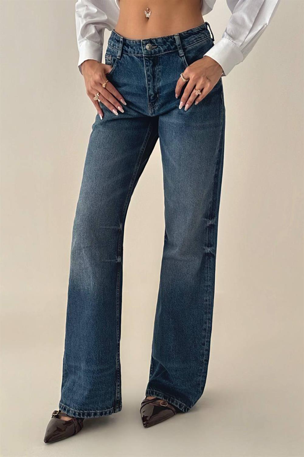 LACARINOYüksek Bel Bol Paça D.Blue Tint Baggy Flare Jean Pantolon