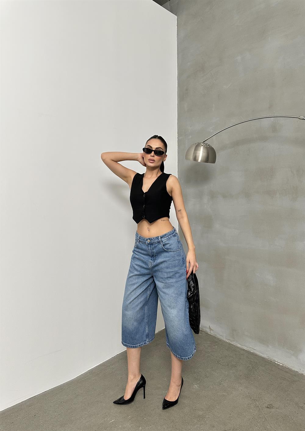 LACARINOKadın Baggy Model Blue Bermuda Jean 