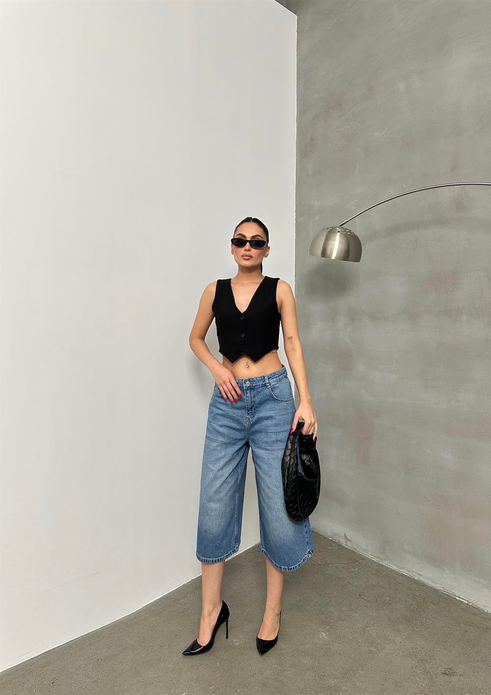 LACARINOKadın Baggy Model Blue Bermuda Jean 