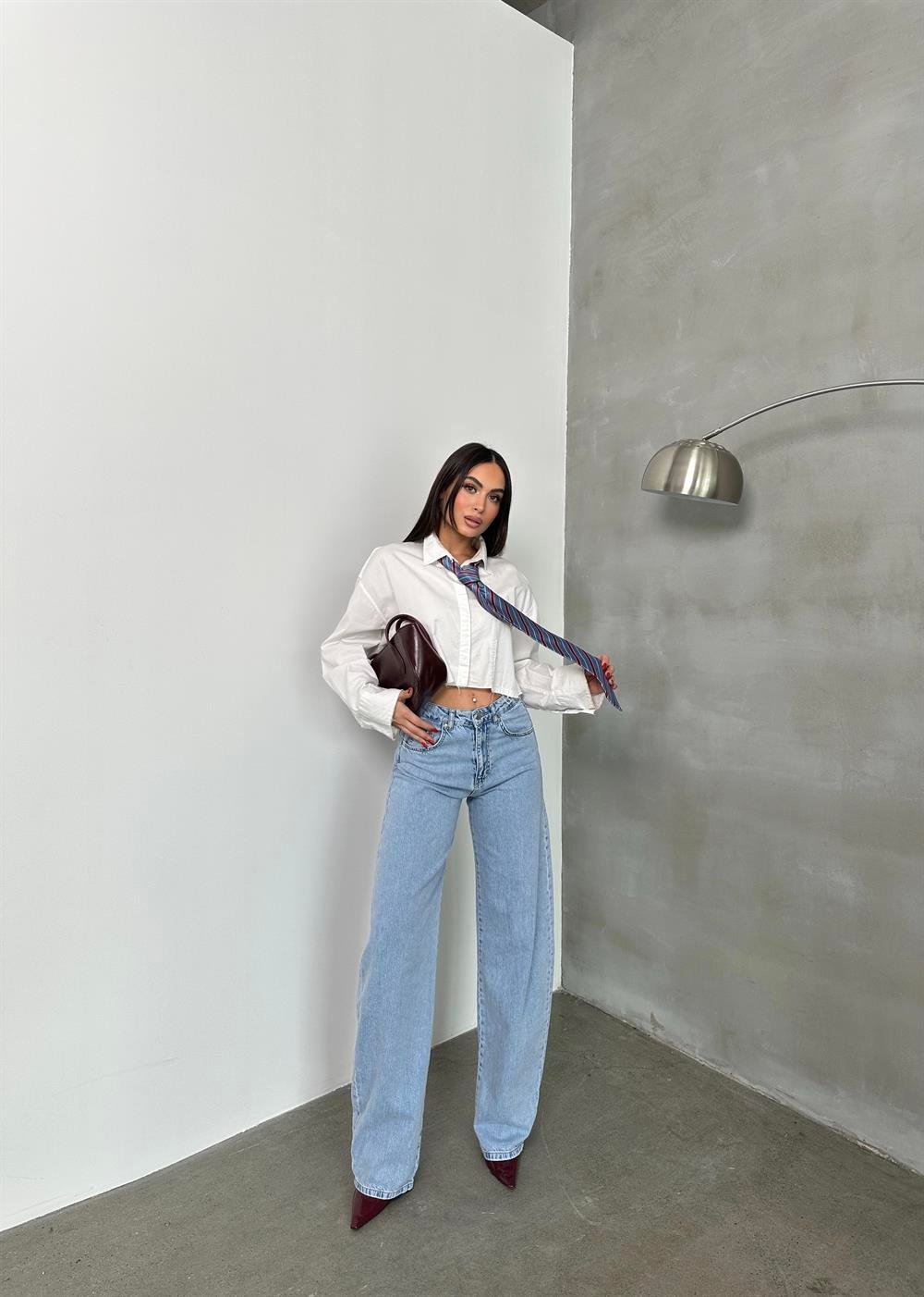 LACARINOYüksel Bel Bacak Boyu Balon Kesim Barrel Fit  Light Blue Jean Pantolon
